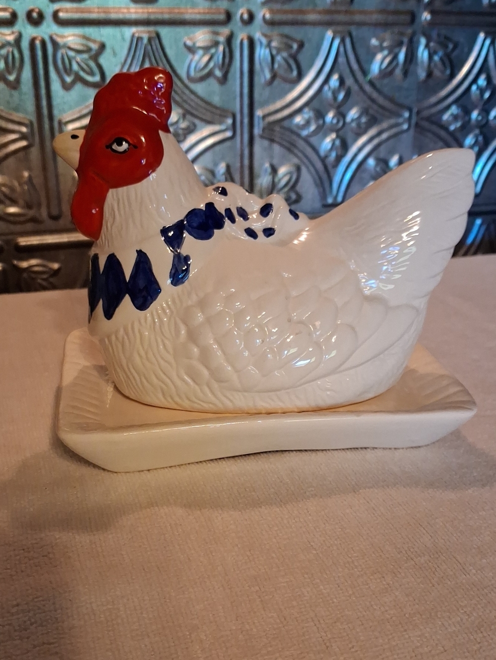 Ceramic White Hen On Nest Butter Dish Figurine with Blue Trim